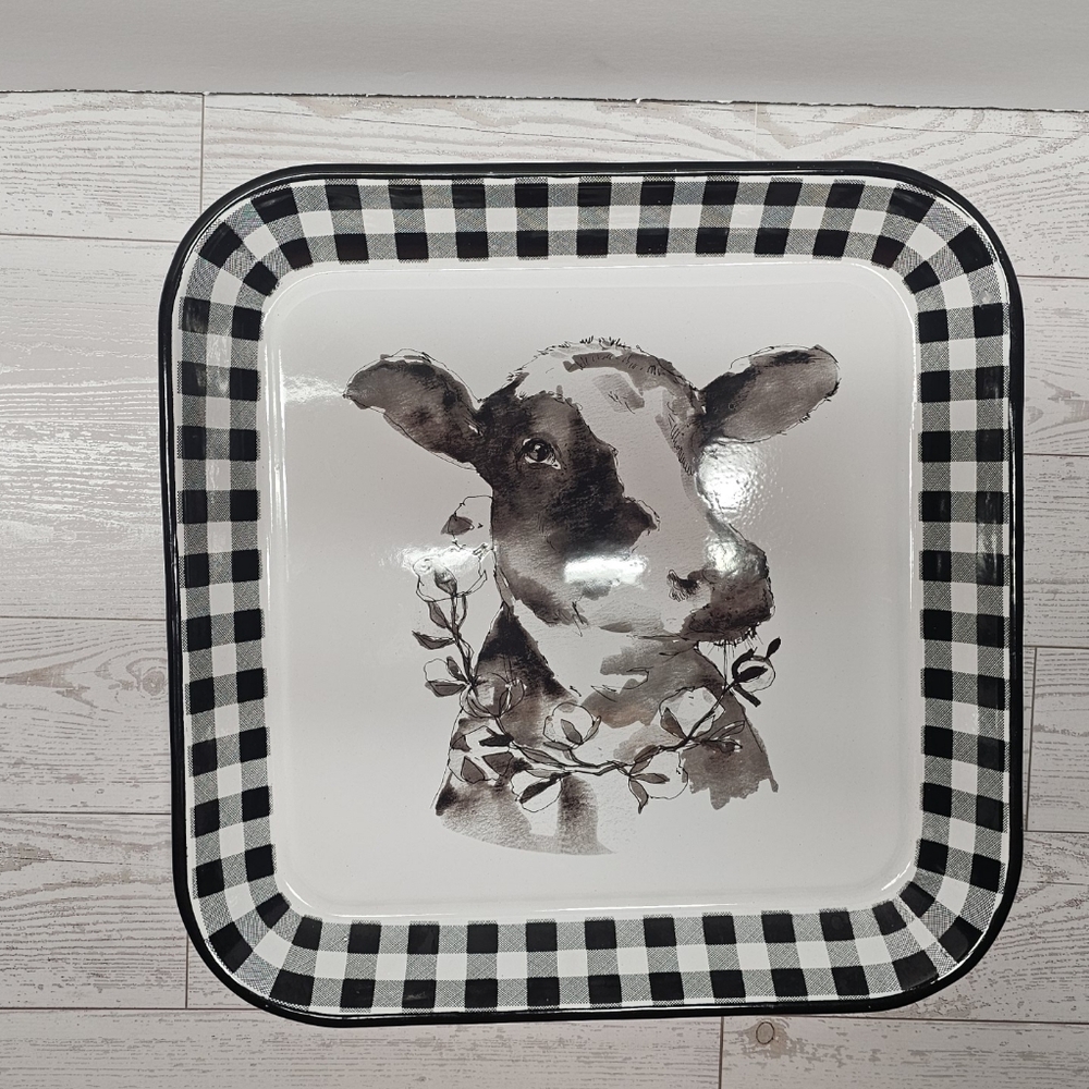 Black and White Checkered Cow Metal Tray
